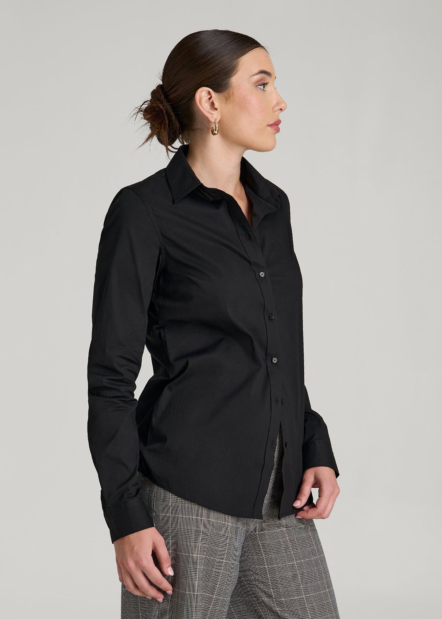 American Tall Women Slim Fit Button Up Shirt for Tall Women in Black