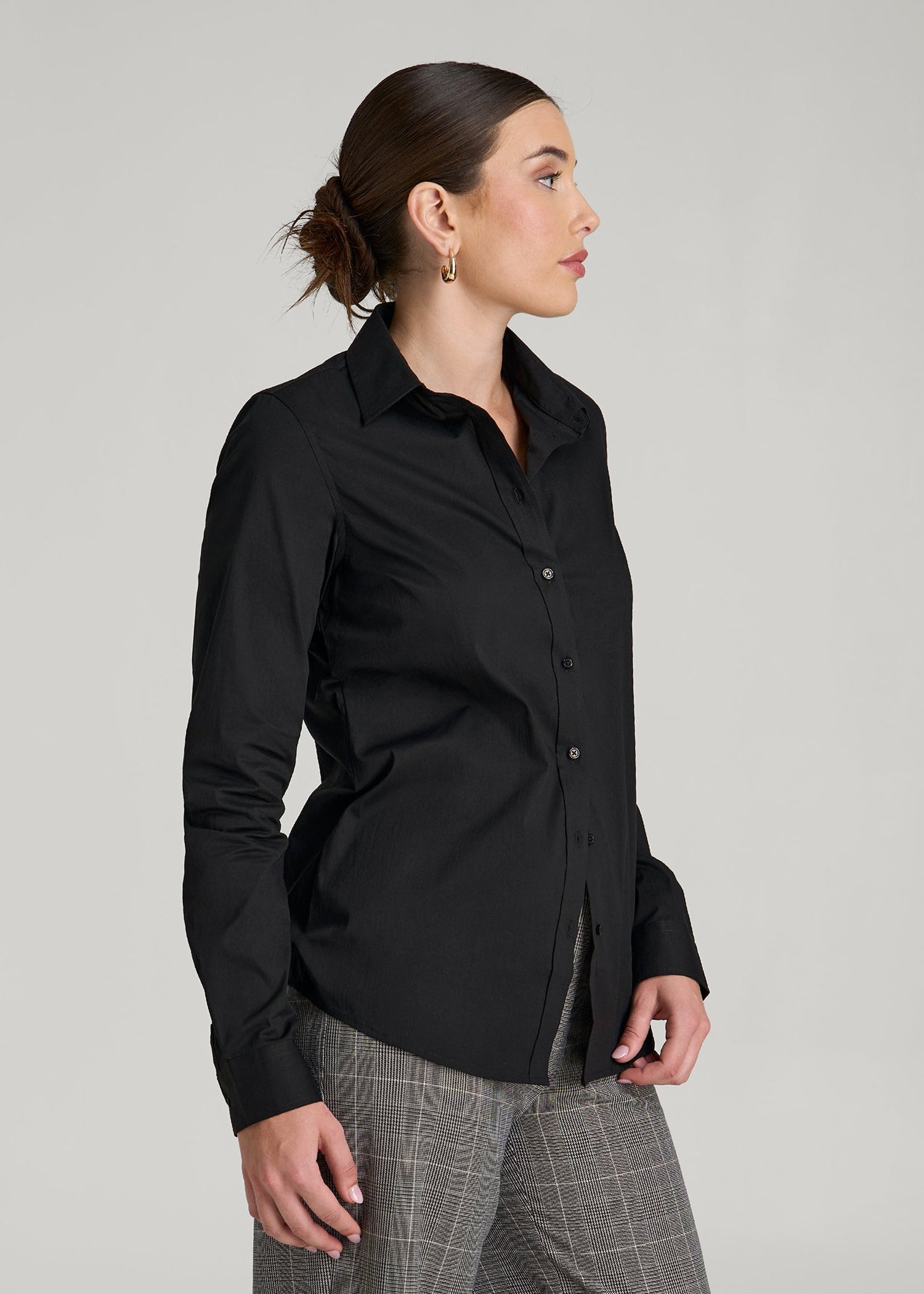 American Tall Women Slim Fit Button Up Shirt for Tall Women in Black