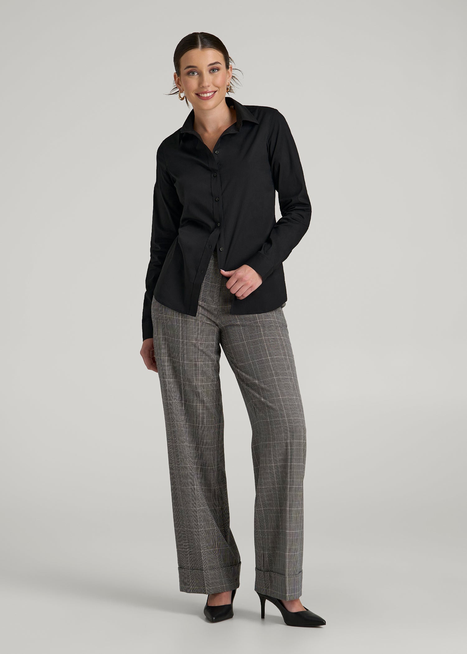 American Tall Women Slim Fit Button Up Shirt for Tall Women in Black