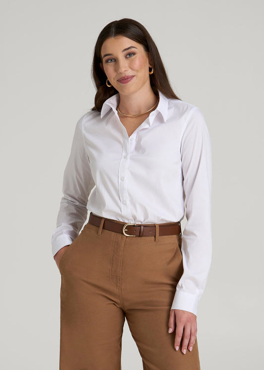 American Tall Women Slim Fit Button Up Shirt for Tall Women in White