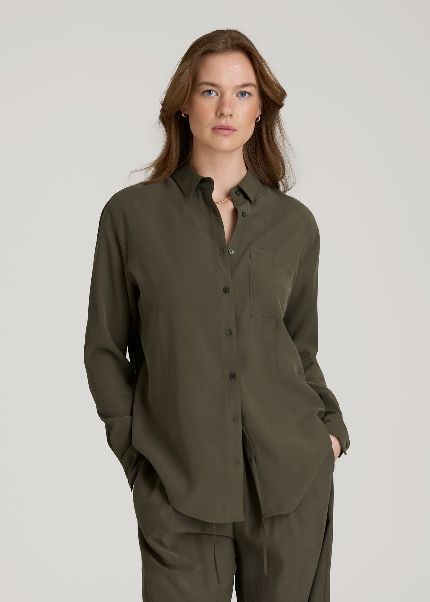 American Tall Women Relaxed Button-Up Single-Pocket Blouse for Tall Women in Forest Night
