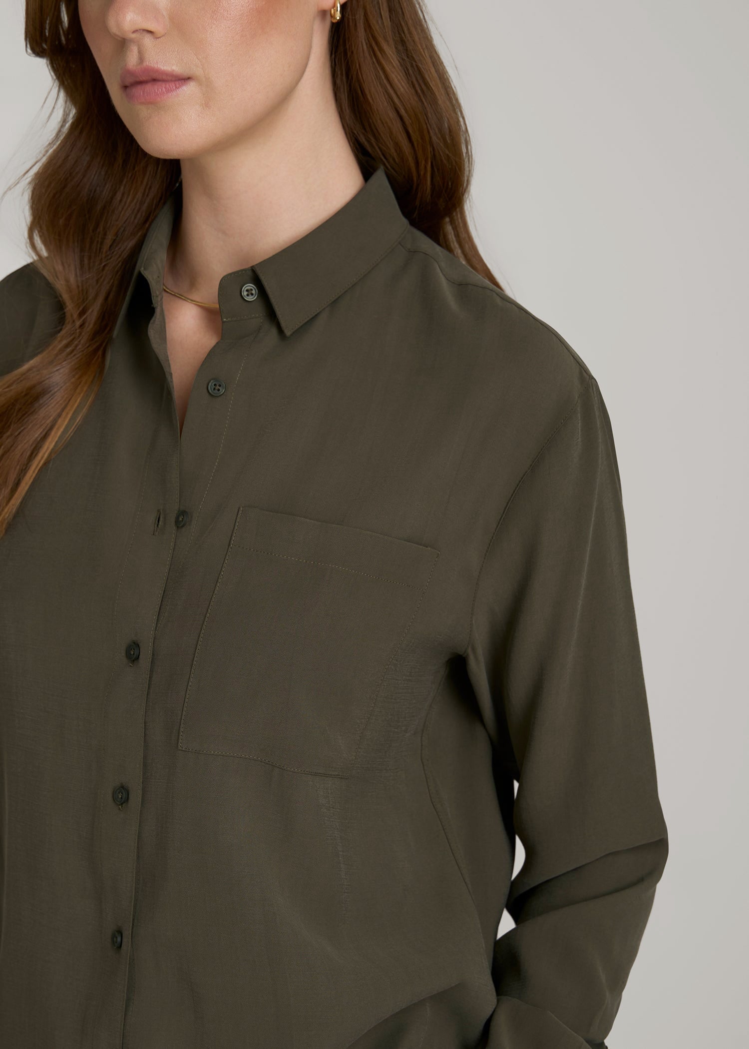 American Tall Women Relaxed Button-Up Single-Pocket Blouse for Tall Women in Forest Night