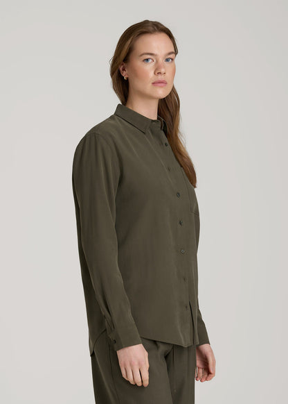 American Tall Women Relaxed Button-Up Single-Pocket Blouse for Tall Women in Forest Night