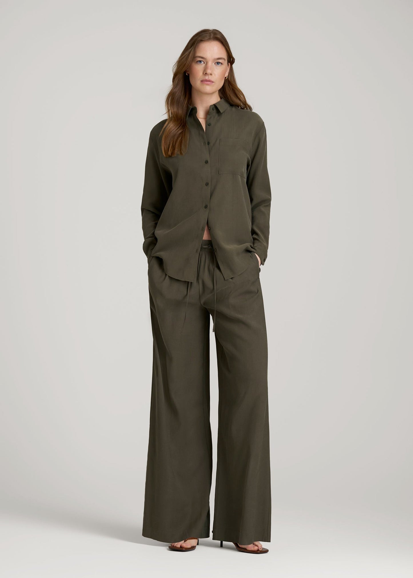 American Tall Women Relaxed Button-Up Single-Pocket Blouse for Tall Women in Forest Night