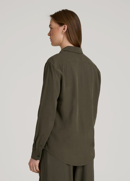 American Tall Women Relaxed Button-Up Single-Pocket Blouse for Tall Women in Forest Night