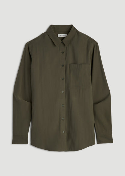American Tall Women Relaxed Button-Up Single-Pocket Blouse for Tall Women in Forest Night