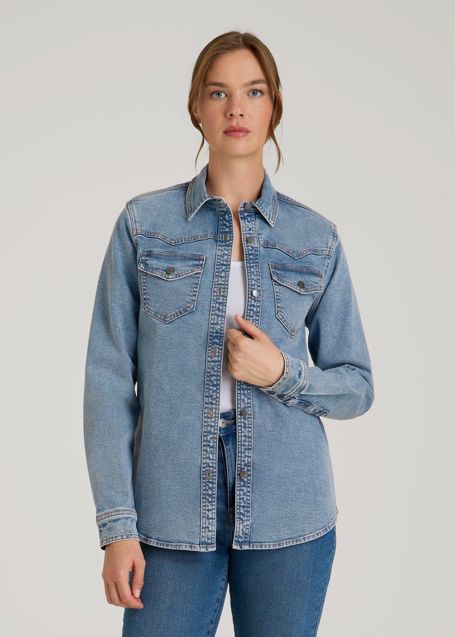 American Tall Women Western Denim Shirt for Tall Women in Heritage Faded
