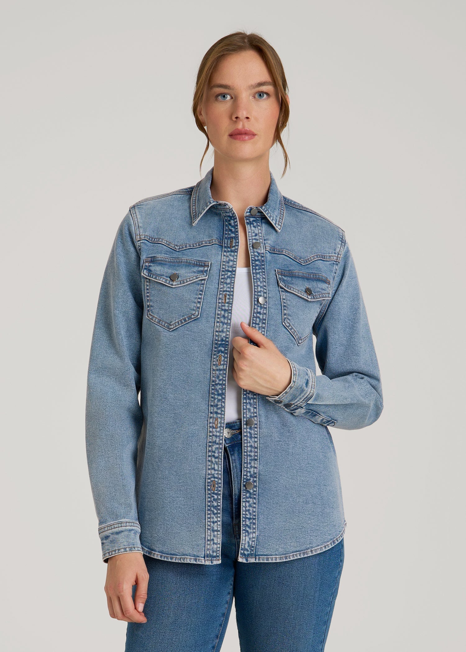 American Tall Women Western Denim Shirt for Tall Women in Heritage Faded