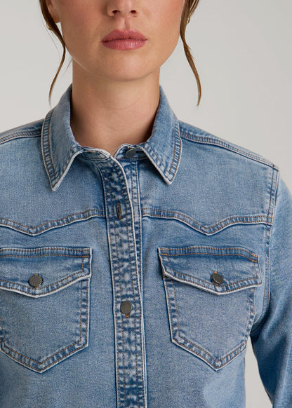American Tall Women Western Denim Shirt for Tall Women in Heritage Faded
