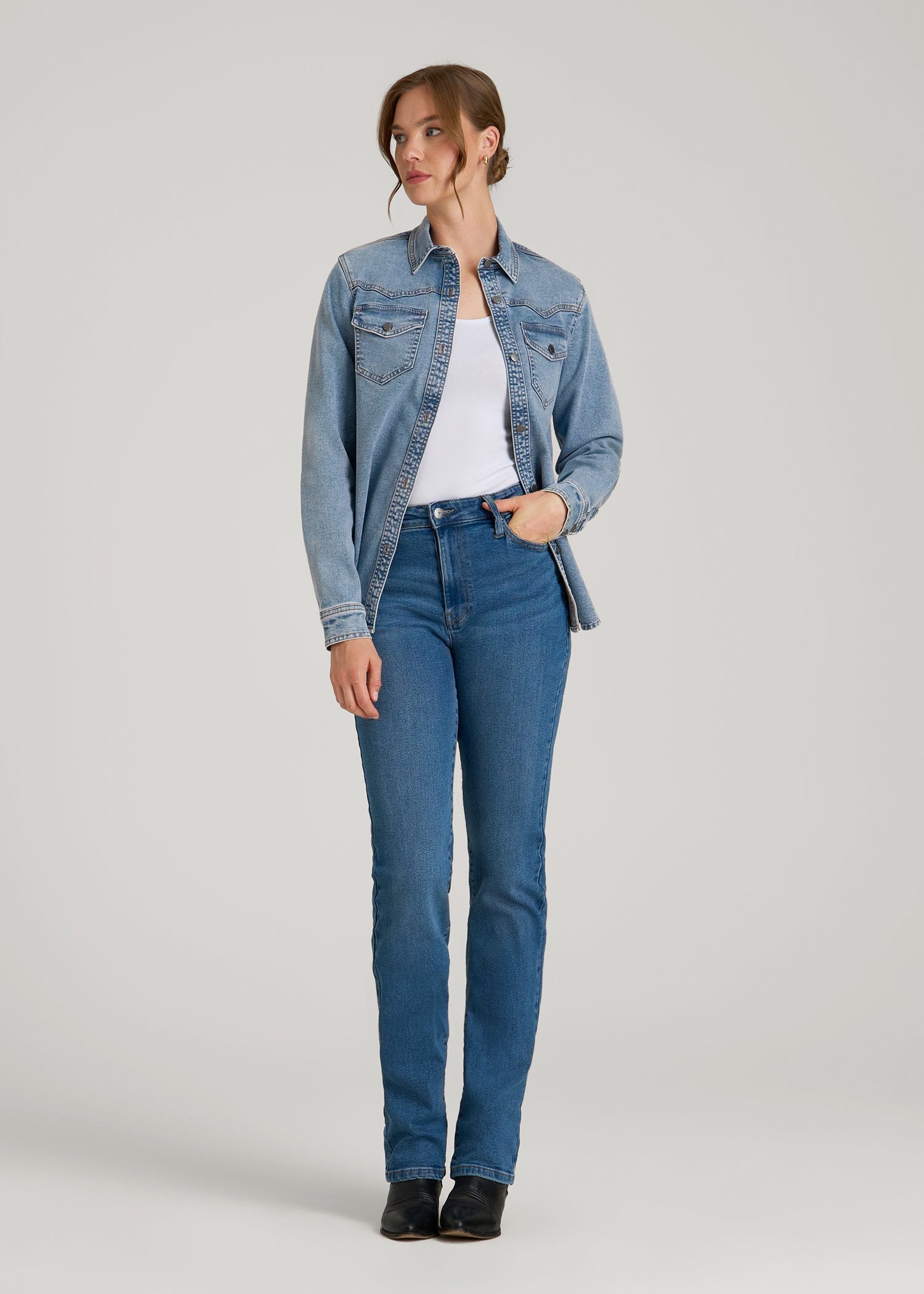 American Tall Women Western Denim Shirt for Tall Women in Heritage Faded