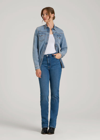 American Tall Women Western Denim Shirt for Tall Women in Heritage Faded