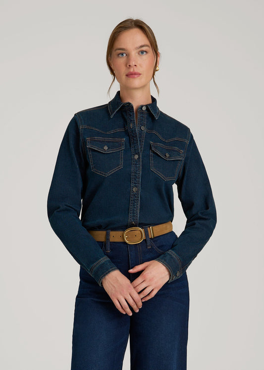 American Tall Women Western Denim Shirt for Tall Women in Indigo Dusk