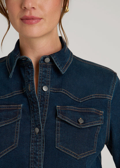 American Tall Women Western Denim Shirt for Tall Women in Indigo Dusk