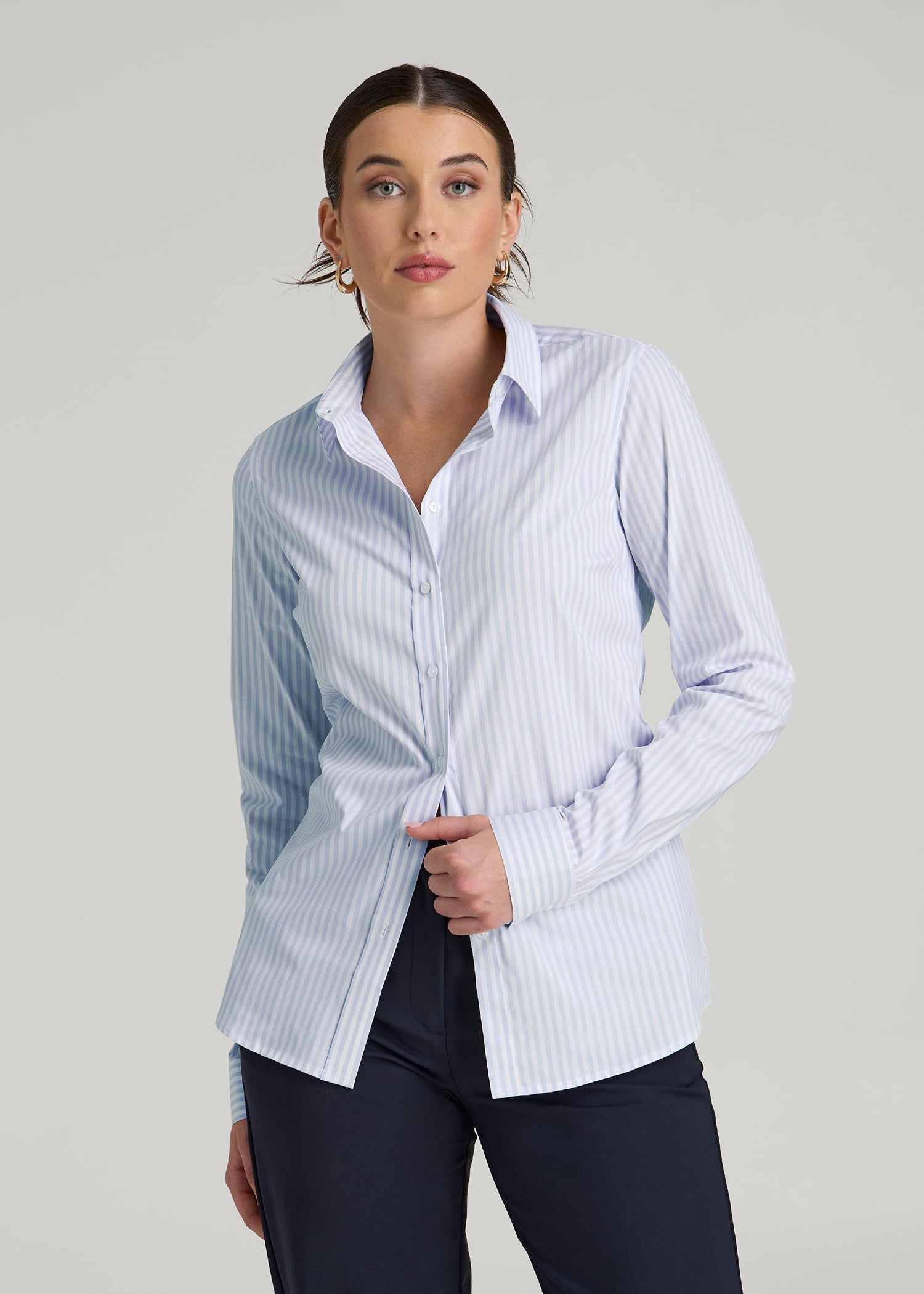 American Tall Women Slim Fit Button Up Shirt for Tall Women in Light Blue Stripe