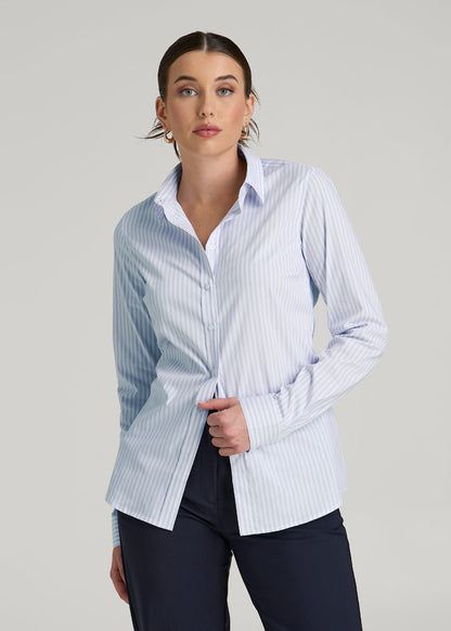 American Tall Women Slim Fit Button Up Shirt for Tall Women in Light Blue Stripe