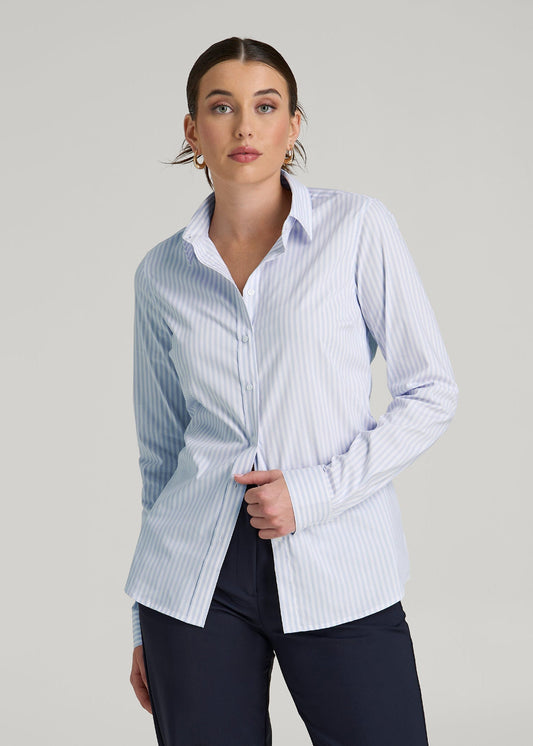 American Tall Women Slim Fit Button Up Shirt for Tall Women in Light Blue Stripe