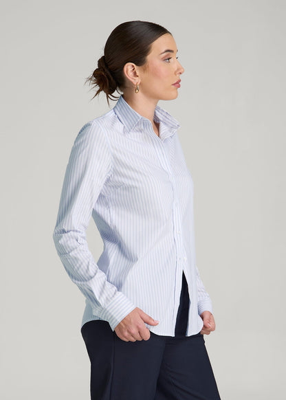 American Tall Women Slim Fit Button Up Shirt for Tall Women in Light Blue Stripe