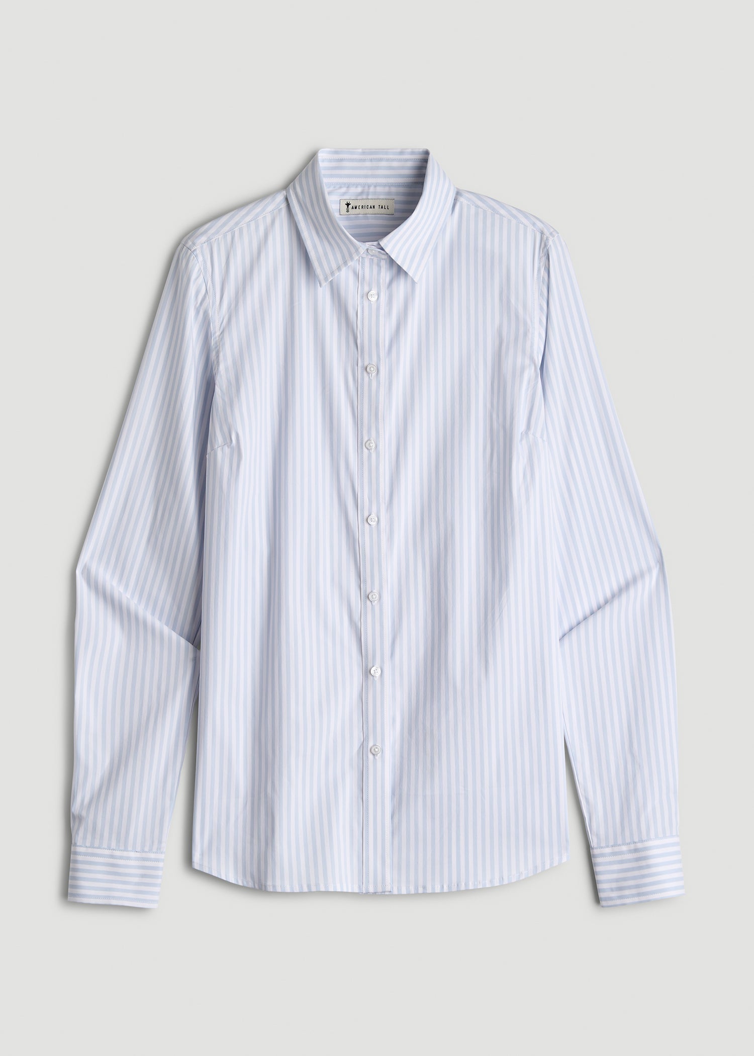 American Tall Women Slim Fit Button Up Shirt for Tall Women in Light Blue Stripe