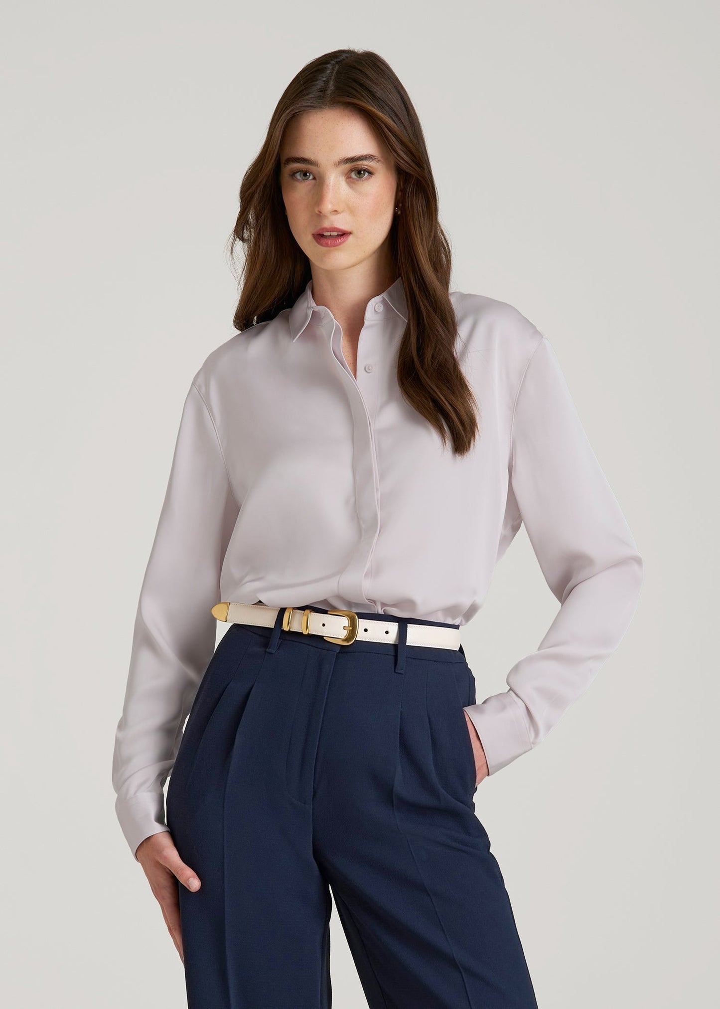 American Tall Women Relaxed Button-Up Blouse for Tall Women in Grey Lilac
