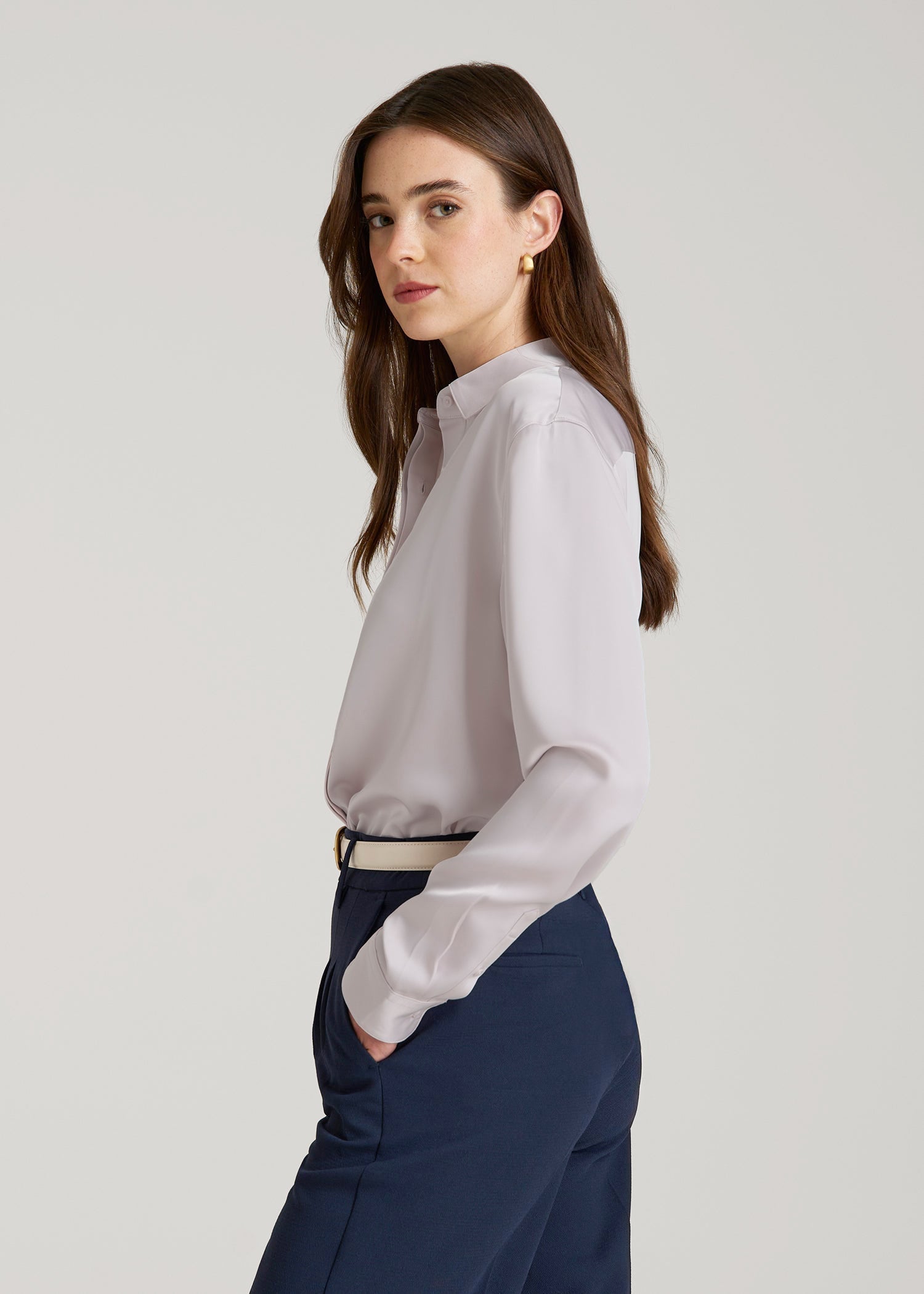 American Tall Women Relaxed Button-Up Blouse for Tall Women in Grey Lilac