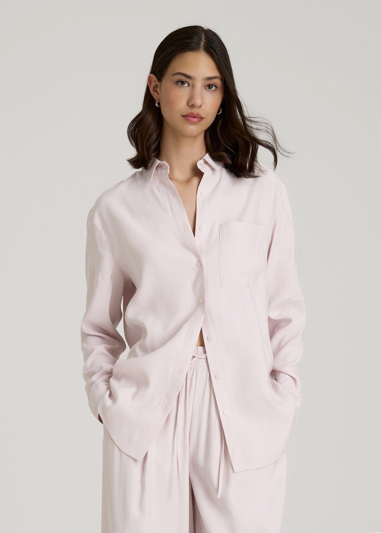 American Tall Women Relaxed Button-Up Single-Pocket Blouse for Tall Women in Grey Lilac
