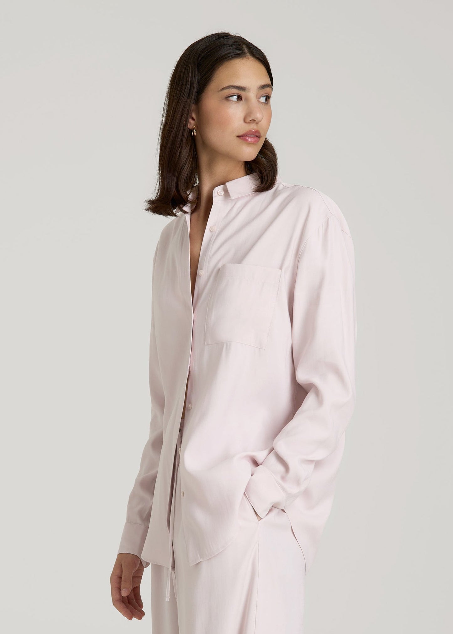 American Tall Women Relaxed Button-Up Single-Pocket Blouse for Tall Women in Grey Lilac