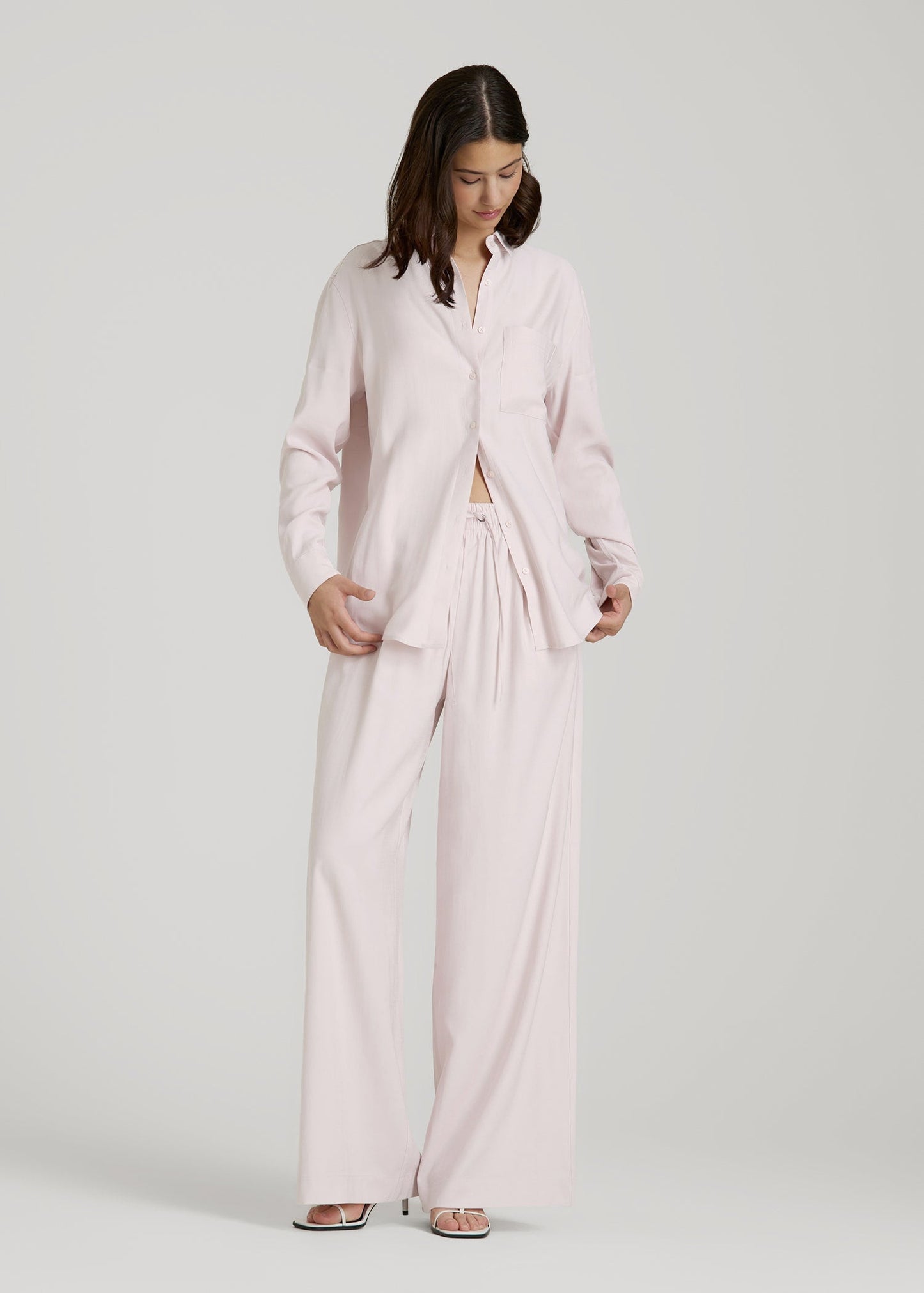 American Tall Women Relaxed Button-Up Single-Pocket Blouse for Tall Women in Grey Lilac