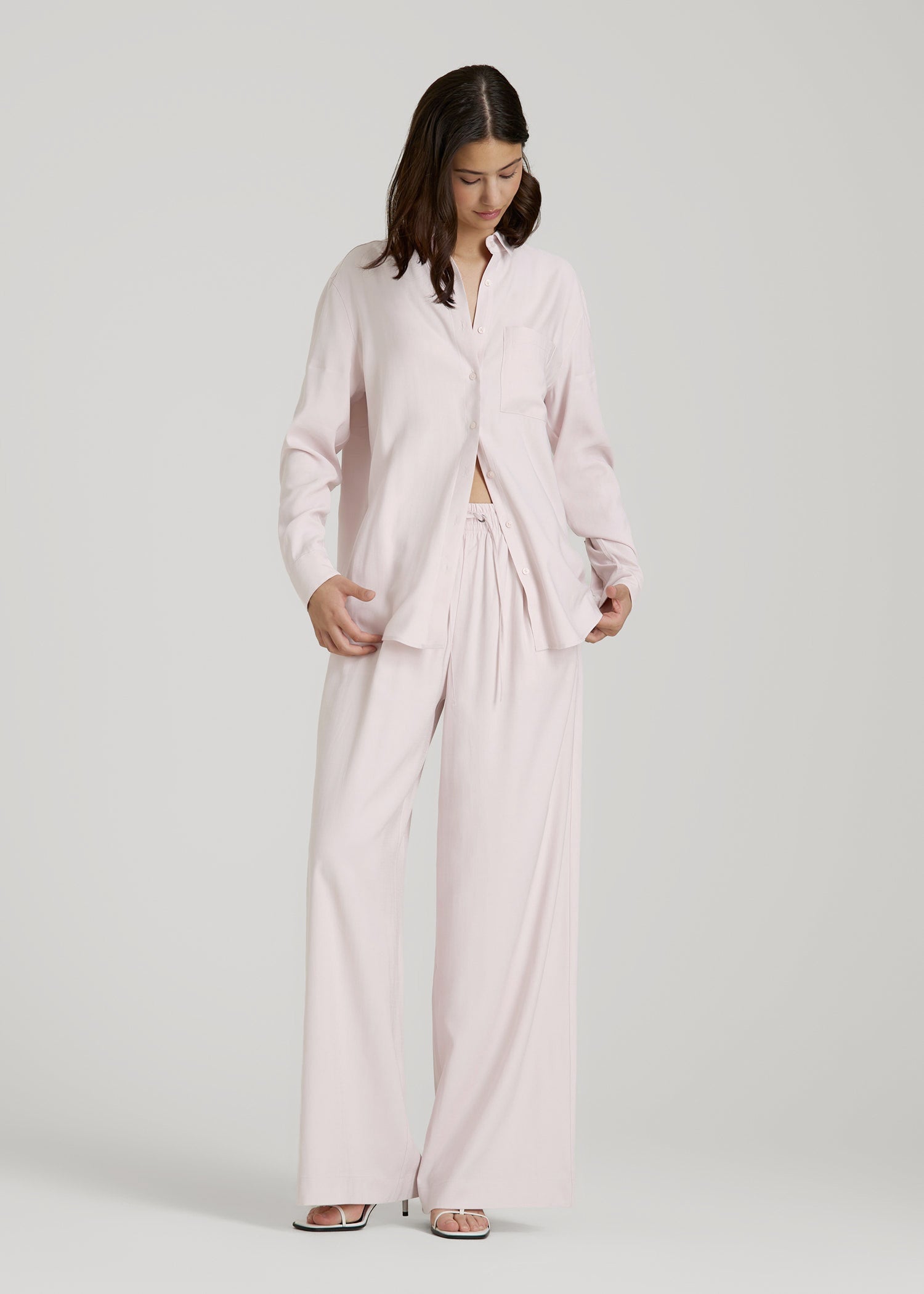 American Tall Women Relaxed Button-Up Single-Pocket Blouse for Tall Women in Grey Lilac
