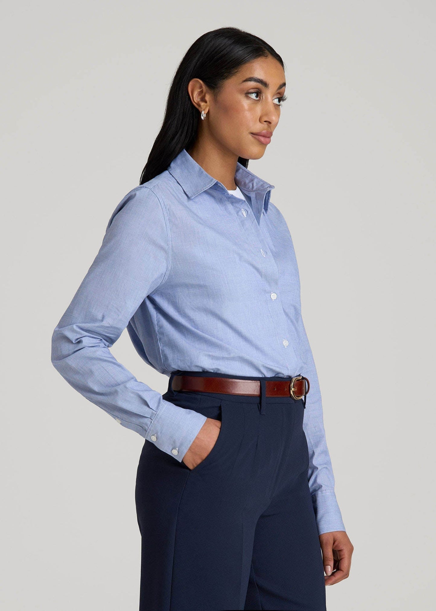 American Tall Women|Men Regular Fit Dress Shirt for Tall Women in Chambray Blue