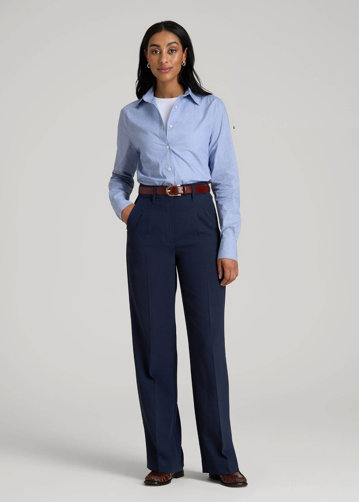American Tall Women|Men Regular Fit Dress Shirt for Tall Women in Chambray Blue