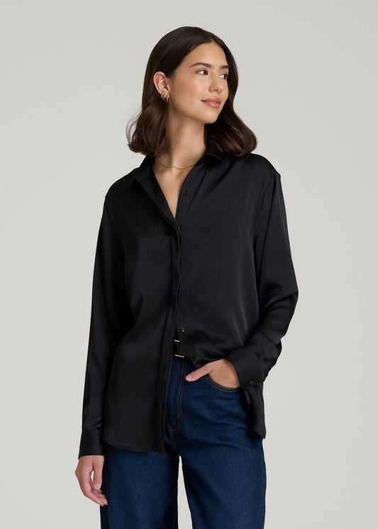 American Tall Women Relaxed Button-Up Blouse for Tall Women in Black