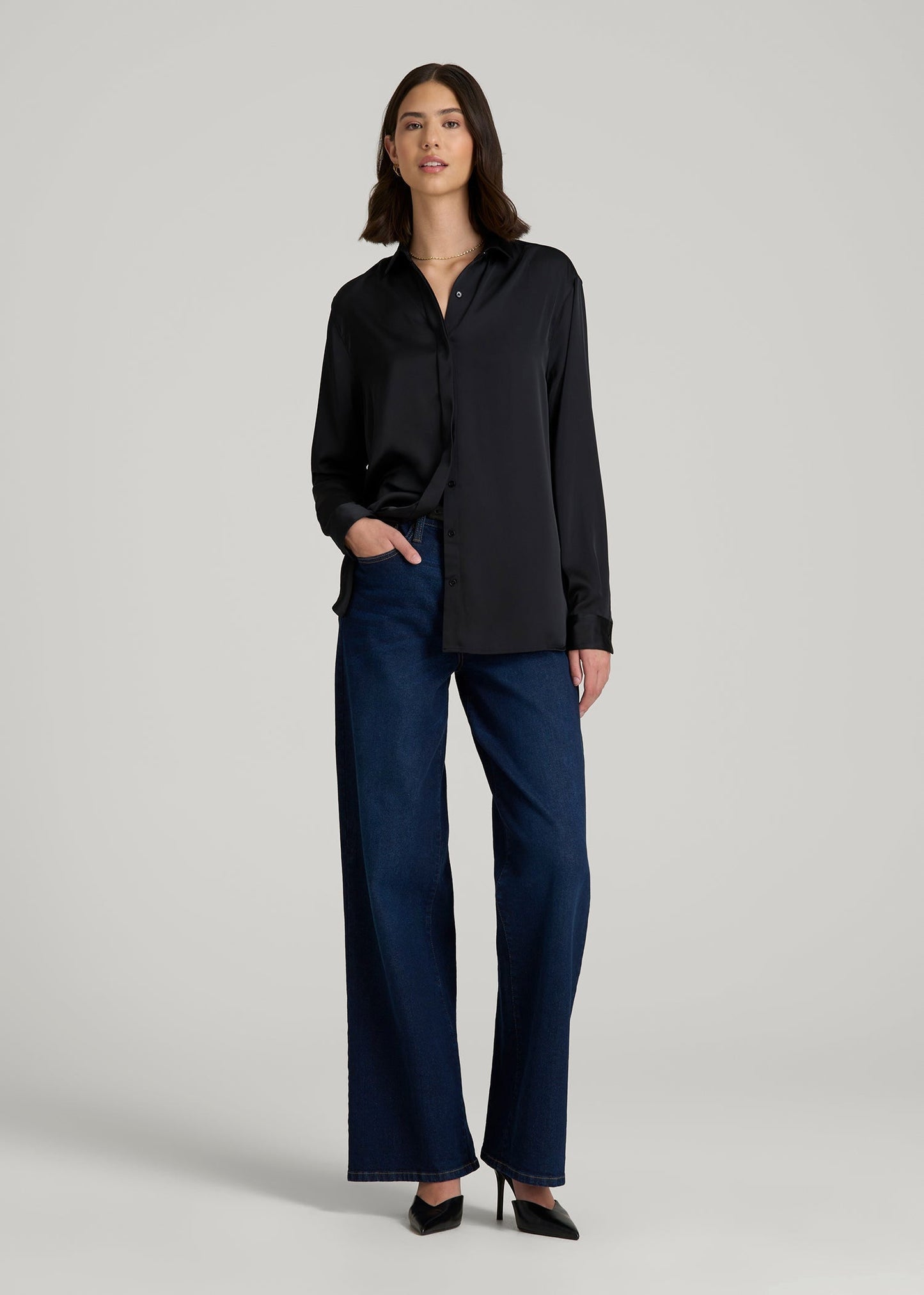 American Tall Women Relaxed Button-Up Blouse for Tall Women in Black