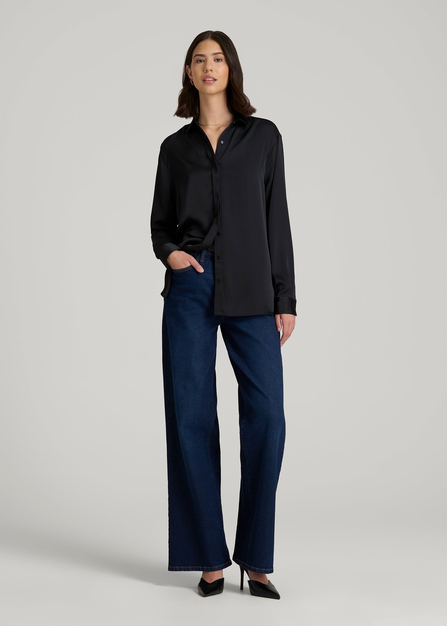 American Tall Women Relaxed Button-Up Blouse for Tall Women in Black