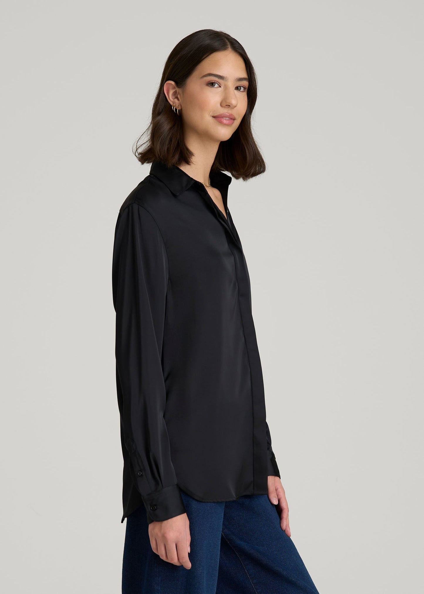 American Tall Women Relaxed Button-Up Blouse for Tall Women in Black