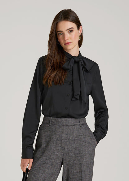 American Tall Women Satin Blouse With Bow for Tall Women in Black
