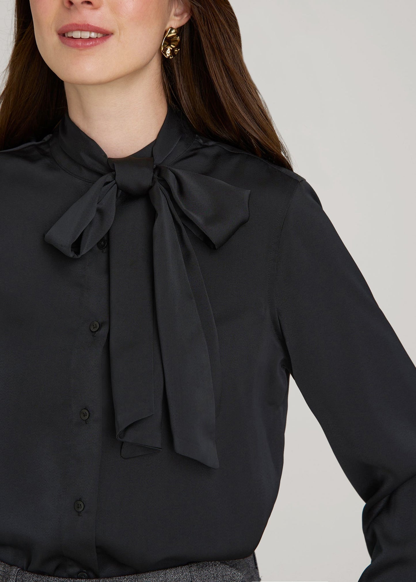 American Tall Women Satin Blouse With Bow for Tall Women in Black