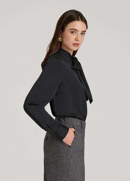 American Tall Women Satin Blouse With Bow for Tall Women in Black