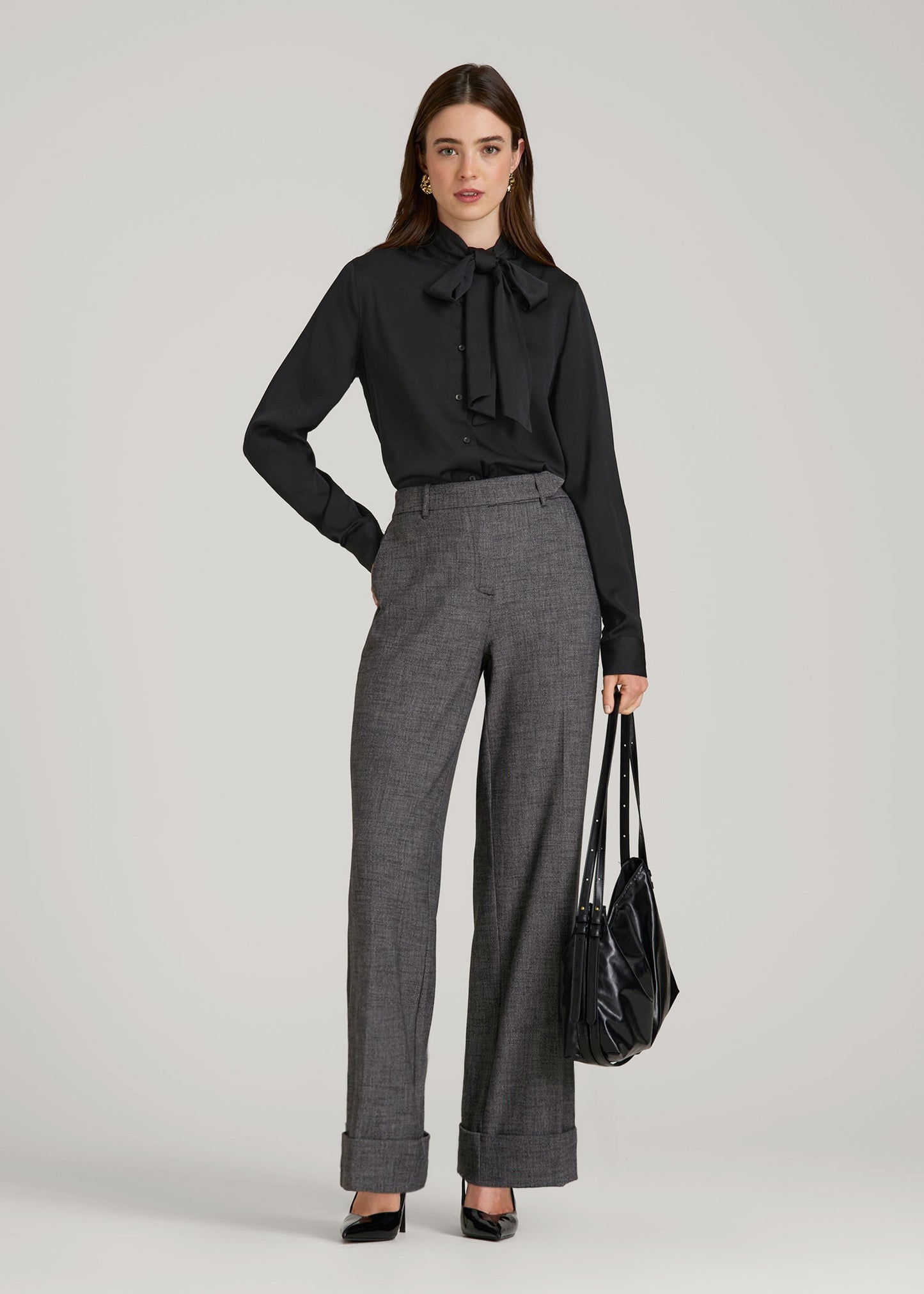 American Tall Women Satin Blouse With Bow for Tall Women in Black
