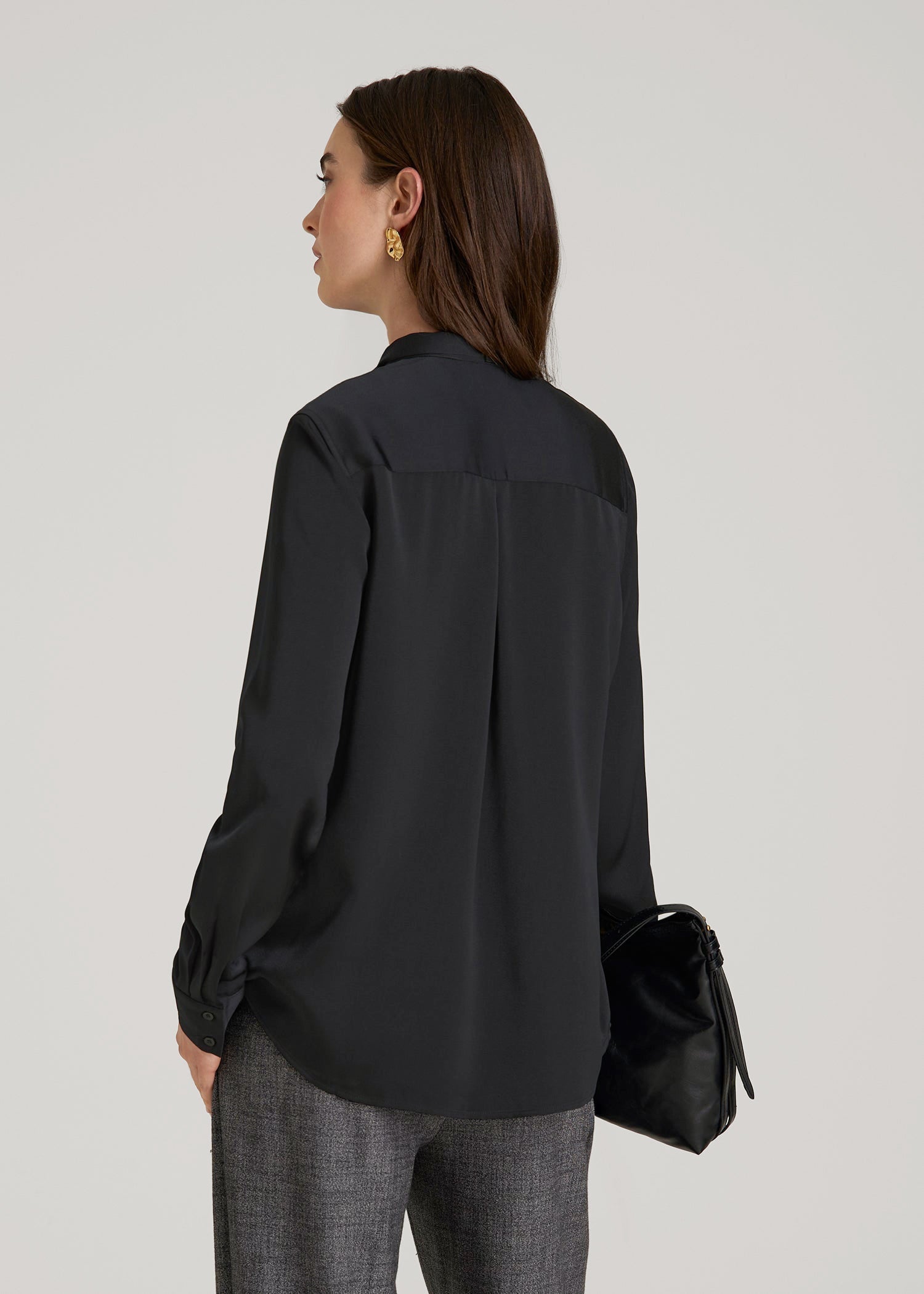 American Tall Women Satin Blouse With Bow for Tall Women in Black