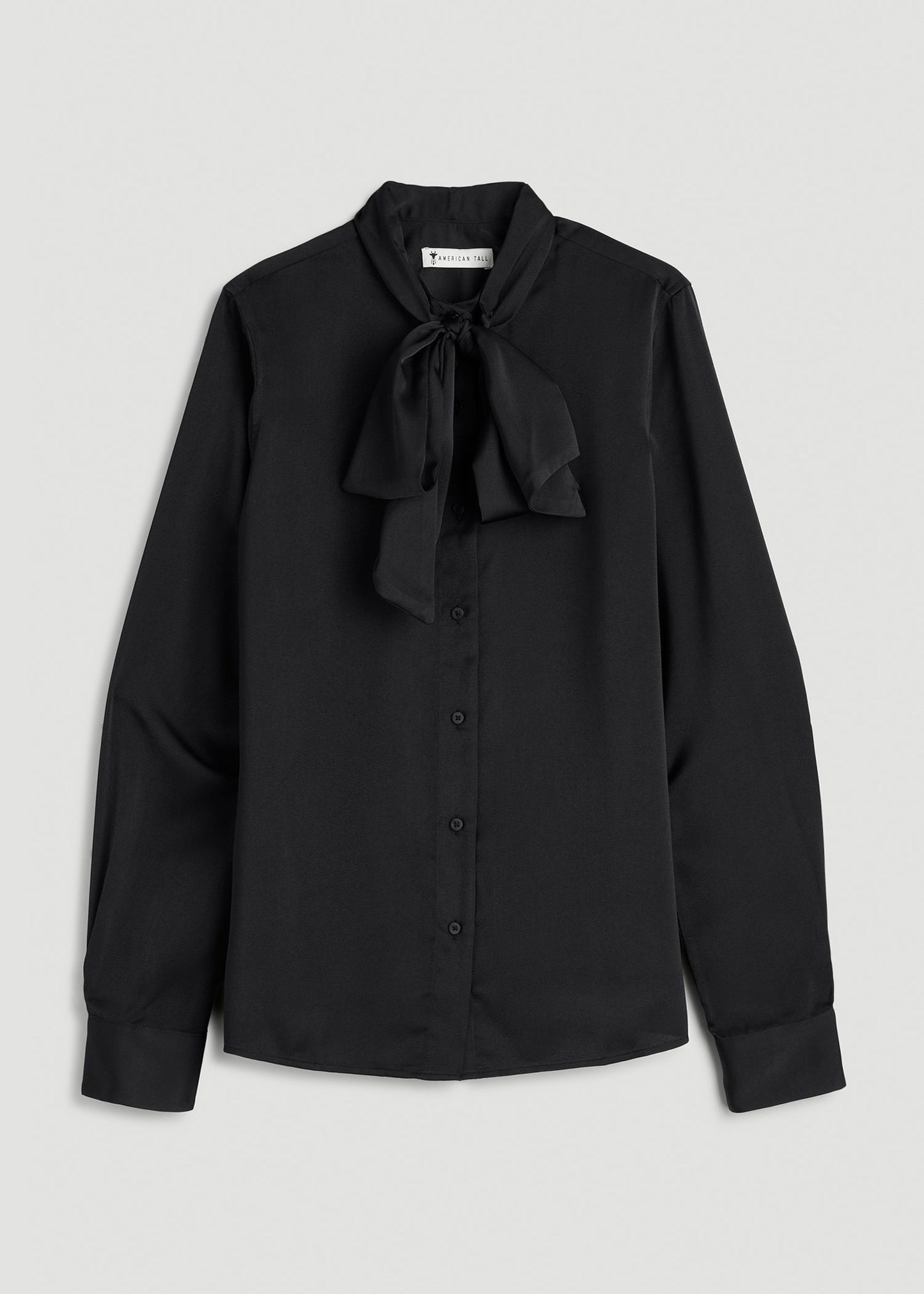 American Tall Women Satin Blouse With Bow for Tall Women in Black