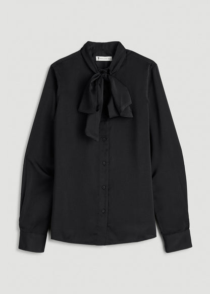 American Tall Women Satin Blouse With Bow for Tall Women in Black