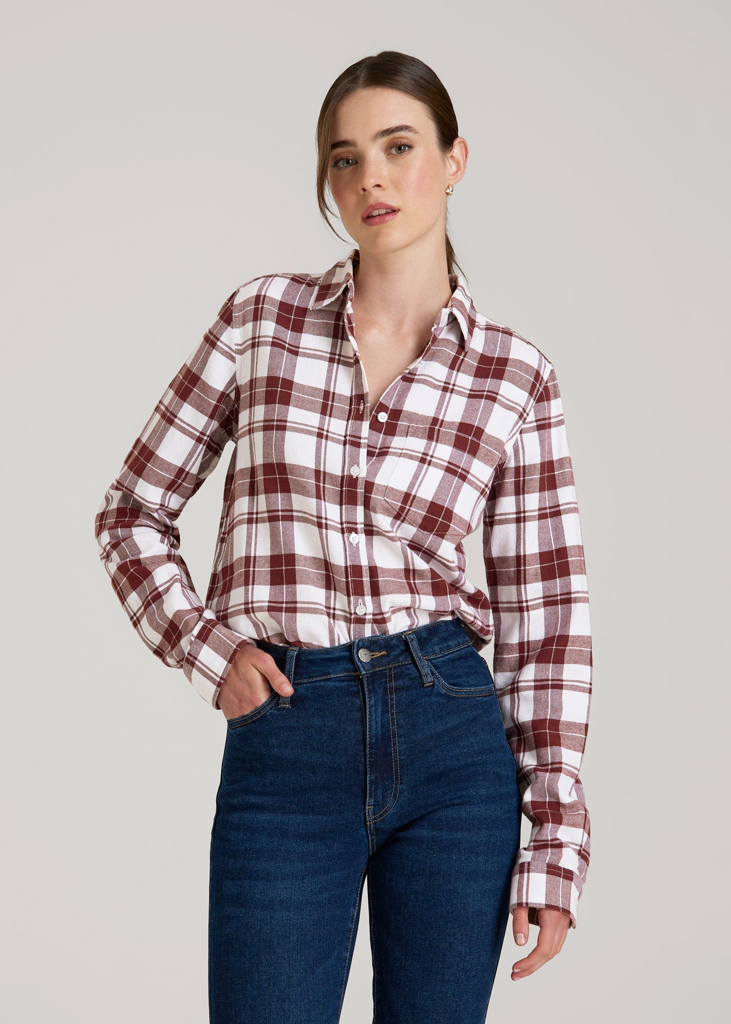American Tall Women|Men Flannel Button-Up Shirt for Tall Women in Port Royale Plaid