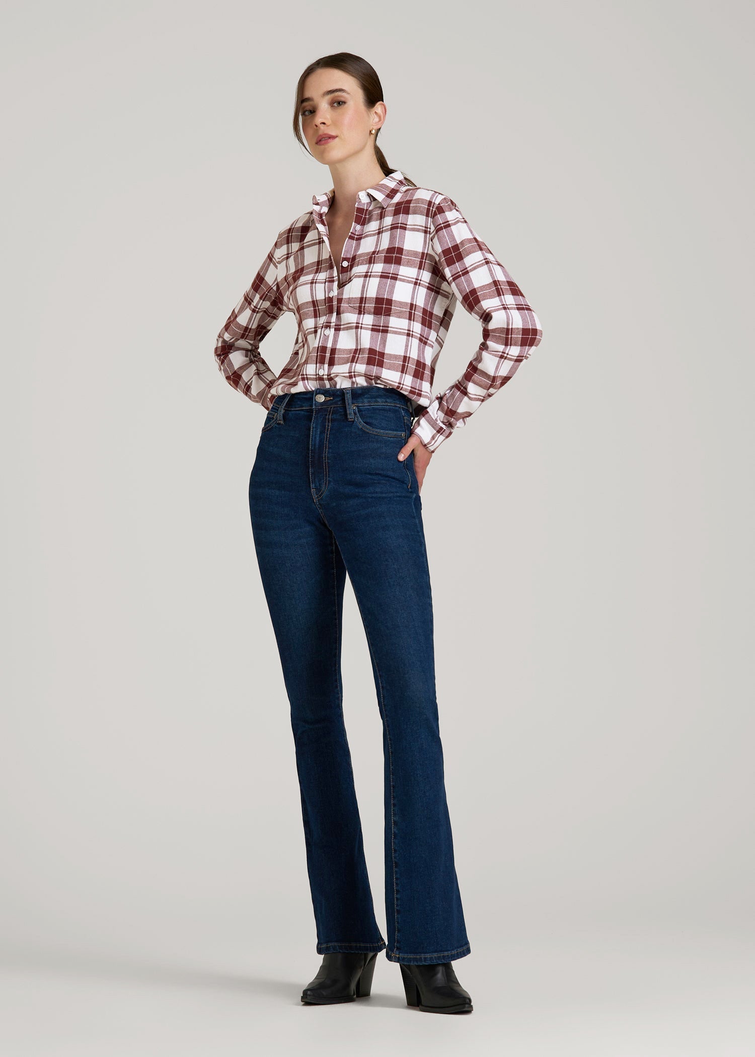 American Tall Women|Men Flannel Button-Up Shirt for Tall Women in Port Royale Plaid