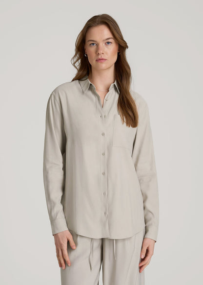 American Tall Women|Men Relaxed Button-Up Single-Pocket Blouse for Tall Women in Stone