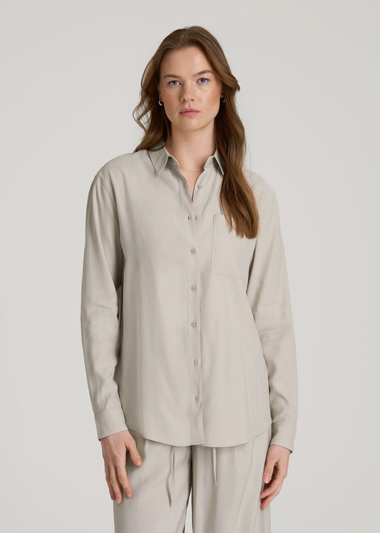 American Tall Women|Men Relaxed Button-Up Single-Pocket Blouse for Tall Women in Stone