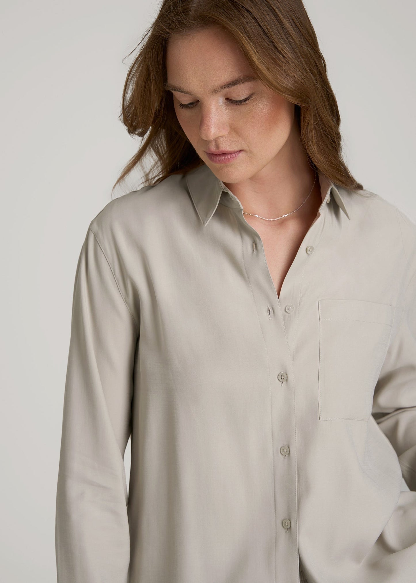 American Tall Women|Men Relaxed Button-Up Single-Pocket Blouse for Tall Women in Stone