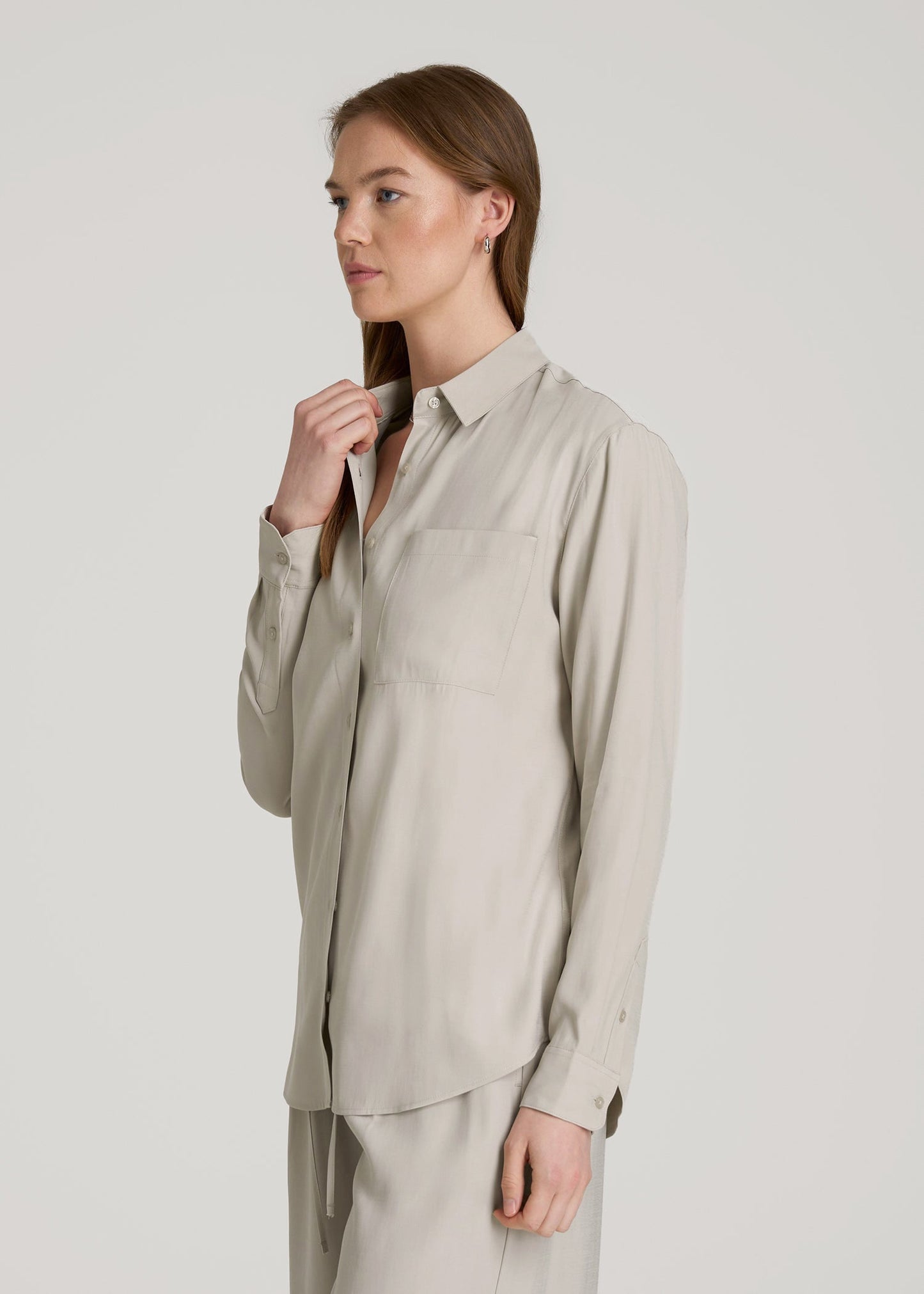American Tall Women|Men Relaxed Button-Up Single-Pocket Blouse for Tall Women in Stone