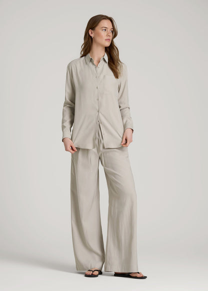 American Tall Women|Men Relaxed Button-Up Single-Pocket Blouse for Tall Women in Stone