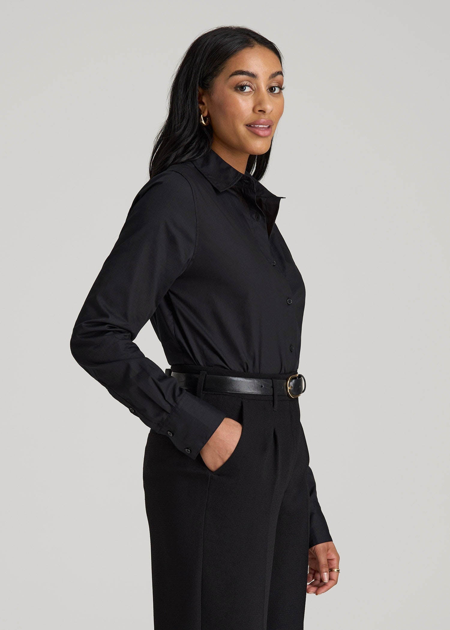 American Tall Women|Men Regular Fit Dress Shirt for Tall Women in Black