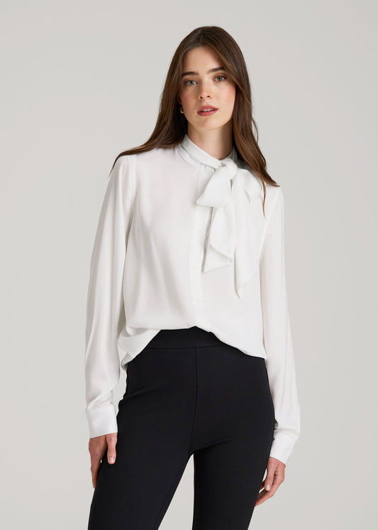 American Tall Women Satin Blouse With Bow for Tall Women in White